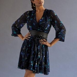 Anthropologie Ruched Mini Floral Dress - Blue Motif - Medium